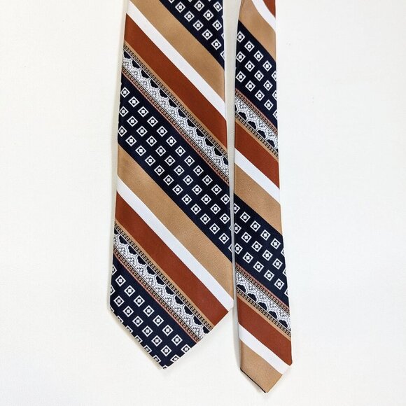 Vintage 1970's Necktie In A Bronze And Navy Retro Print. - Picture 4 of 8